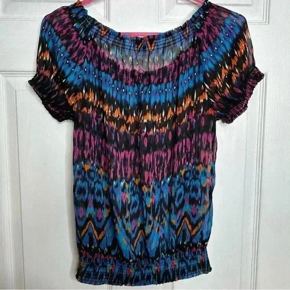 Jessica Sheer Blouse Short Sleeved Off The Shoulder Colourful Elastic  Size XS - Picture 15 of 16